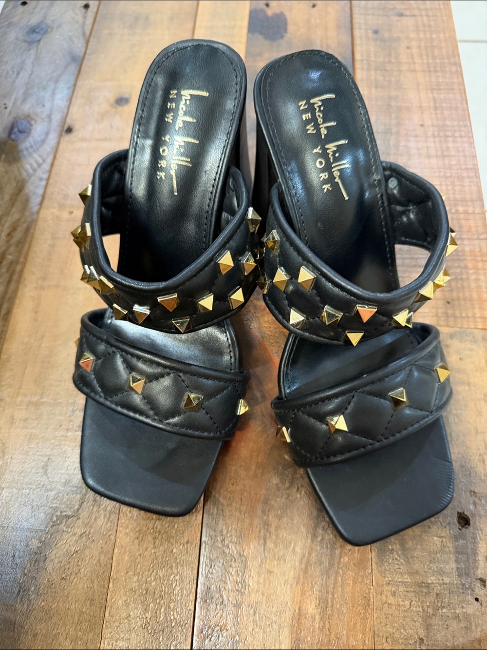 Nicole Miller Black Leather Studded Slide Heels with Gold Accents